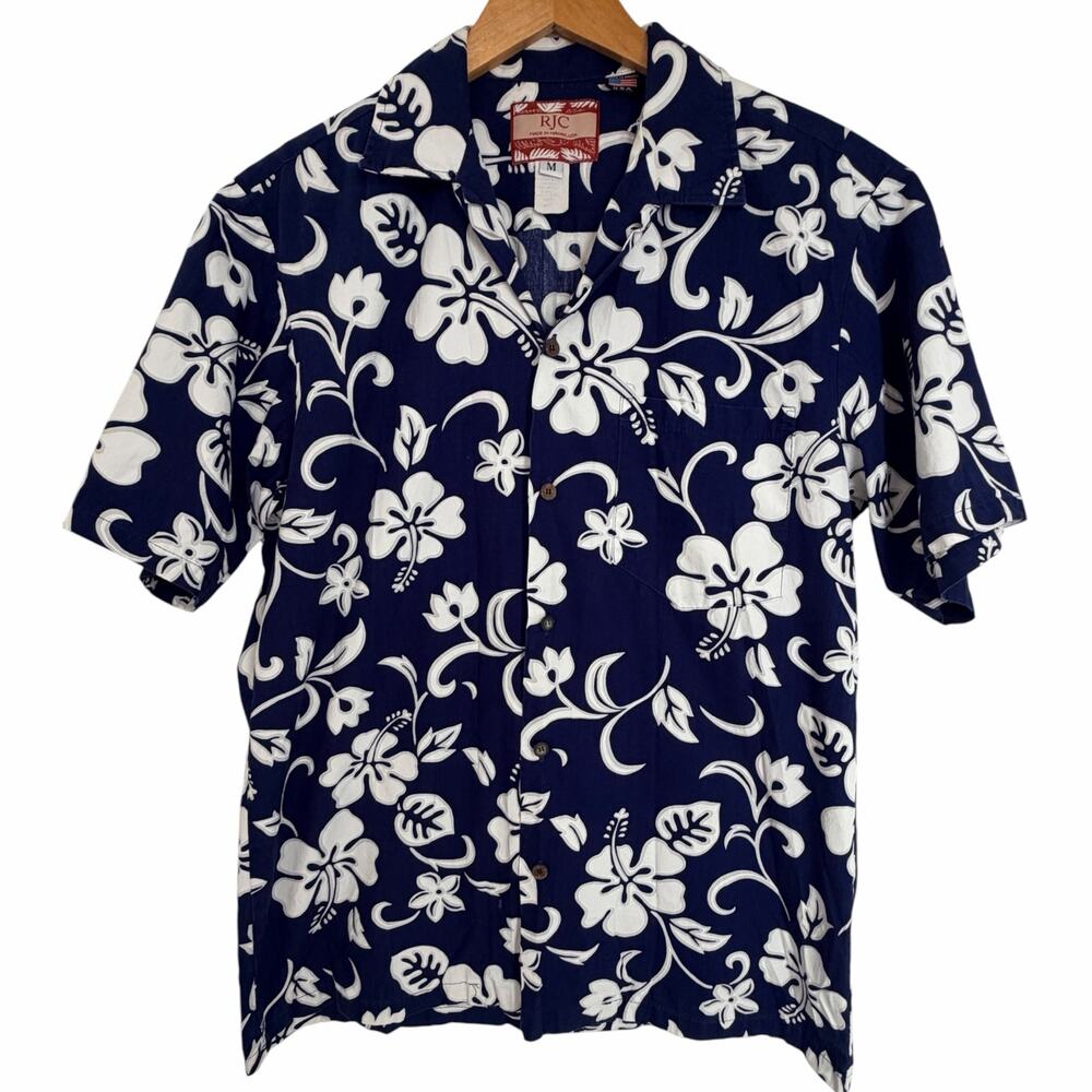 RJC Made in Hawaii Mens M Navy Floral Hawaiian Aloha Shirt